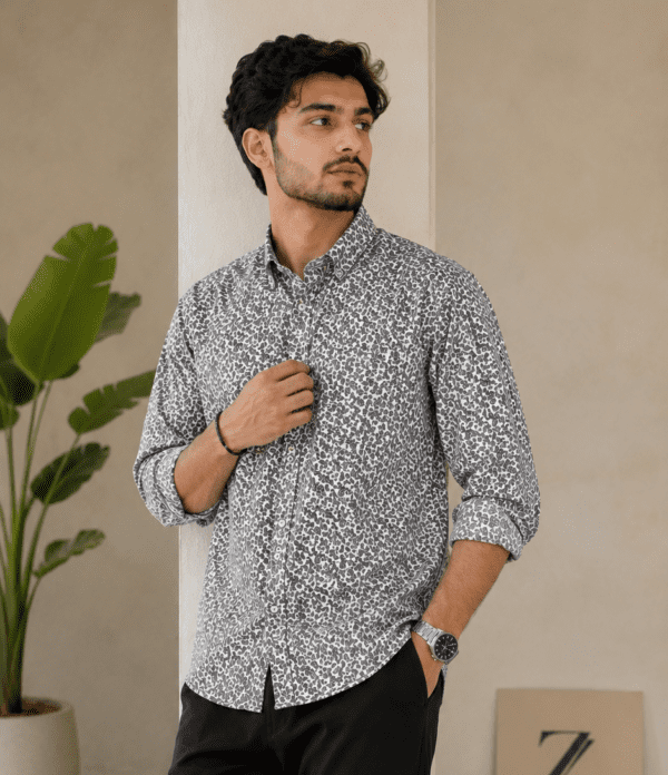 Powder White & Black Printed Premium Casual Shirt