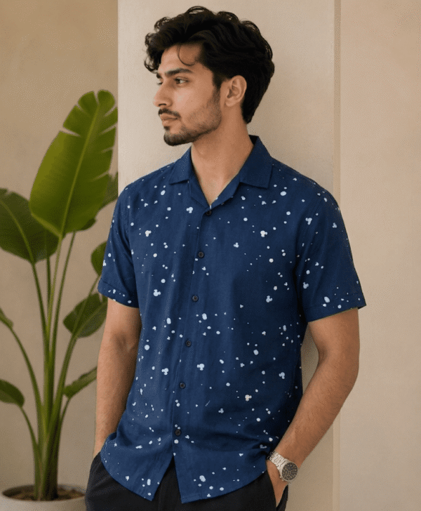 Blue Printed Cuban Collar Half Sleeves Casual Shirt