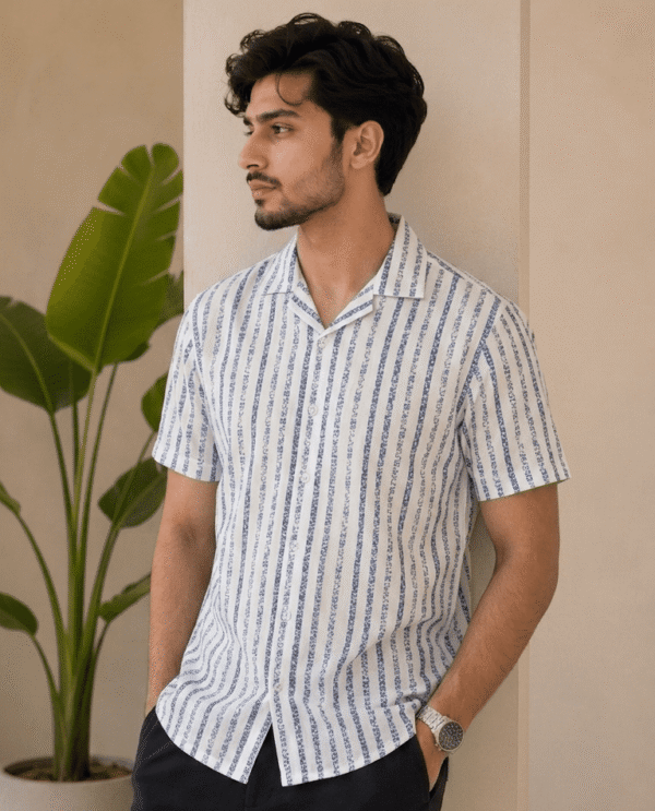 White Stripes Cuban Collar Half Sleeves Casual Shirt