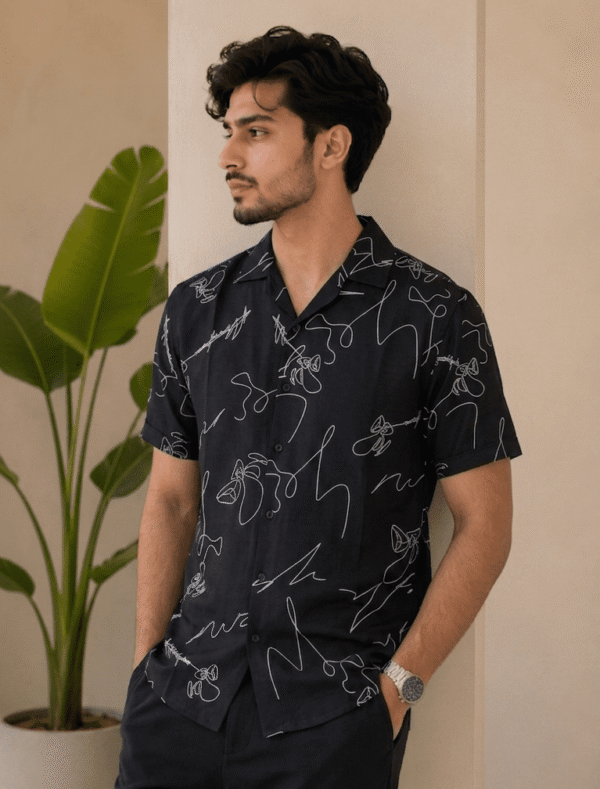 Black Printed Cuban Collar Half Sleeves Casual Shirt